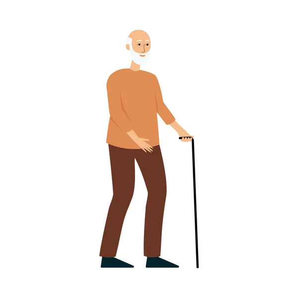 Viejo de pie con un bastón, anciano personaje de dibujos animados masculinos sonriendo y caminando — Vector de stock