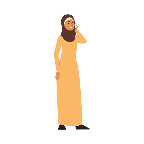 Muslimische oder arabische Frau spricht auf Smartphone flache Vektor Illustration isoliert. — Stockvektor