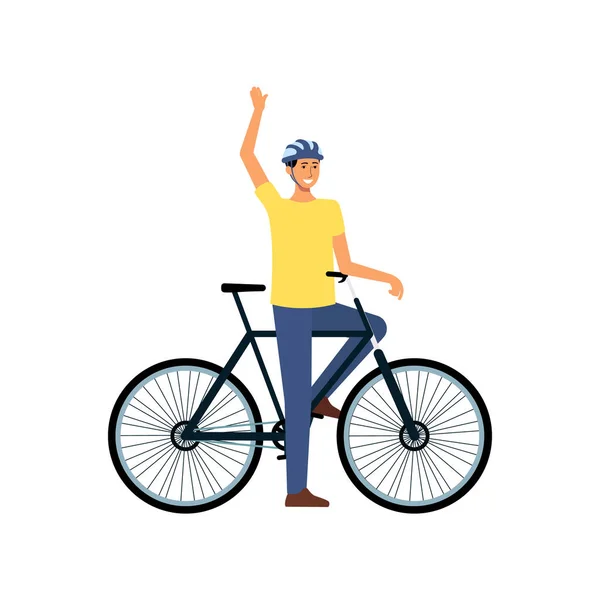 Cartoon man with bicycle standing and waving, happy male cyclist with helmet stopped on bike ride to greet someone.