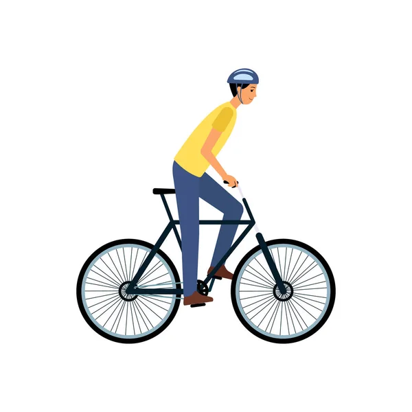 Young man riding a bike - happy flat cartoon character with helmet on bicycle ride. — Stock Vector