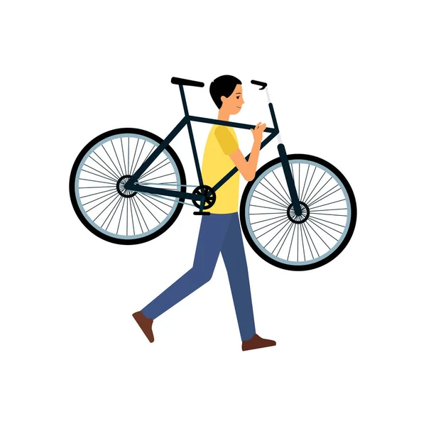 Man or cycling sportsman carrries a bicycle flat vector Illustration isolated. — Stock Vector