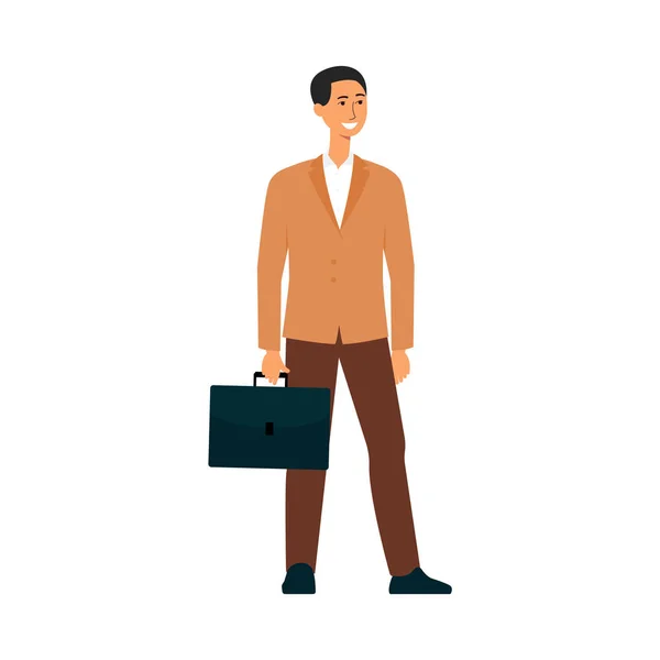 Empresário feliz com mala sorrindo, personagem de desenho animado profissional em terno corporativo de pé e esperando —  Vetores de Stock