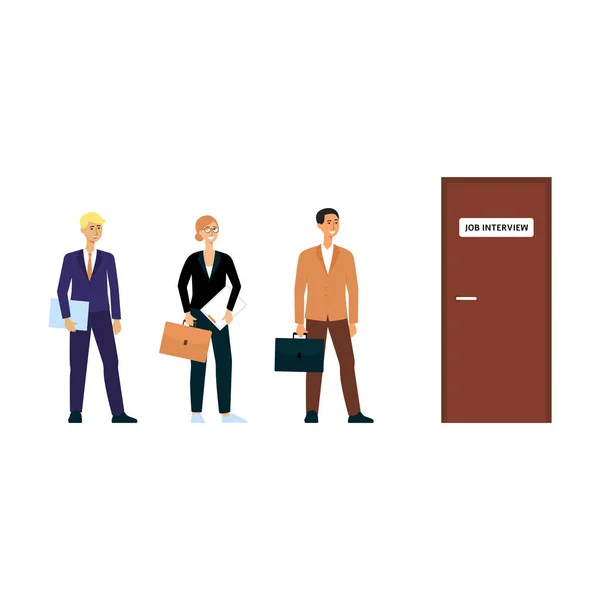 La file d'attente pour l'entrevue d'emploi, personnage de dessin animé heureux personnes en tenue d'affaires debout dans la file d'attente pour la porte — Image vectorielle