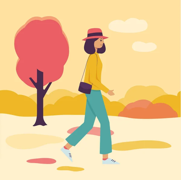 Chica joven caminando en fondo naranja y amarillo otoño, mujer de dibujos animados en traje elegante que pasa por un parque en temporada de otoño disfrutando de la naturaleza — Archivo Imágenes Vectoriales