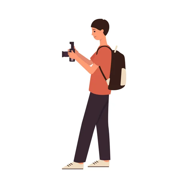 Ung manlig fotograf seriefiguren tar en bild med digitalkamera — Stock vektor