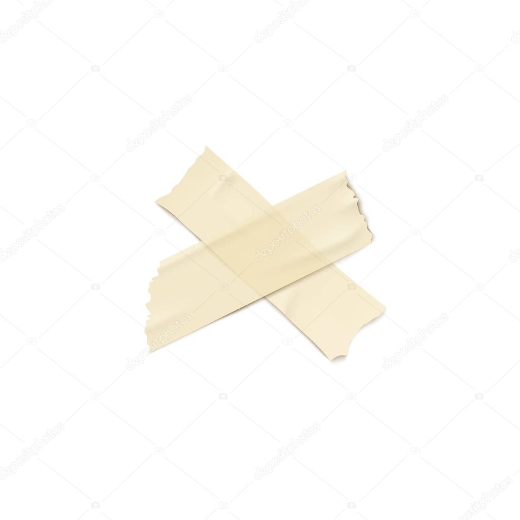 Beige masking duct tape pieces forming a cross, realistic torn adhesive stips with semi transparent wrinkled texture