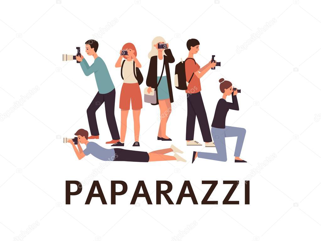 Photographers or paparazzi taking photo flat vector set illustration isolated.