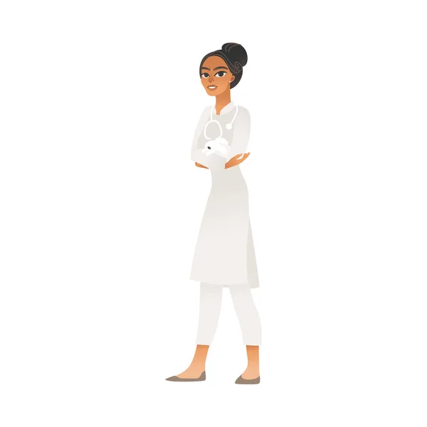 Veterinaria femminile medico sta tenendo in mano coniglio bianco stile cartone animato — Vettoriale Stock