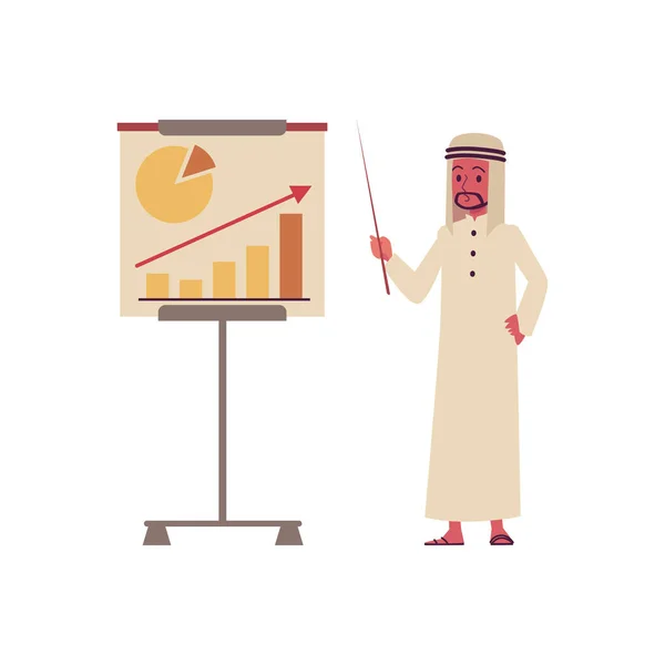 Empresário árabe com infográfico stand plano desenho animado vetor ilustração isolado . —  Vetores de Stock