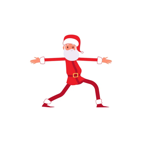 Cartoon Santa em traje de Natal na perna alongamento postura de ioga ou movimento de dança engraçada —  Vetores de Stock