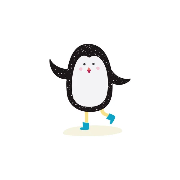 Carino pinguino cartone animato indossando stivale blu agitando in posa pattinaggio — Vettoriale Stock