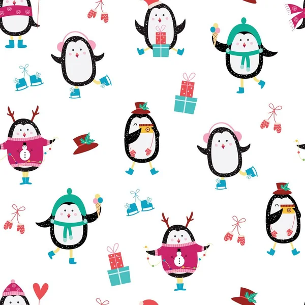 圣诞节无缝模式与卡通企鹅滑冰平面矢量插图. — 图库矢量图片