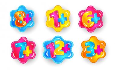 Child age restriction cartoon sticker set, colorful numbers with plus sign clipart