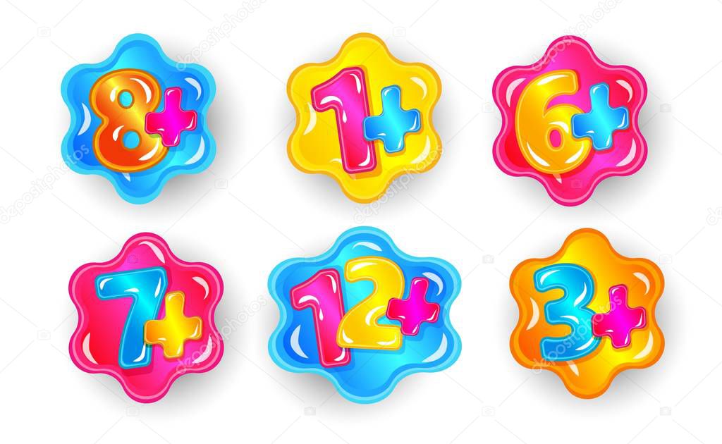 Child age restriction cartoon sticker set, colorful numbers with plus sign