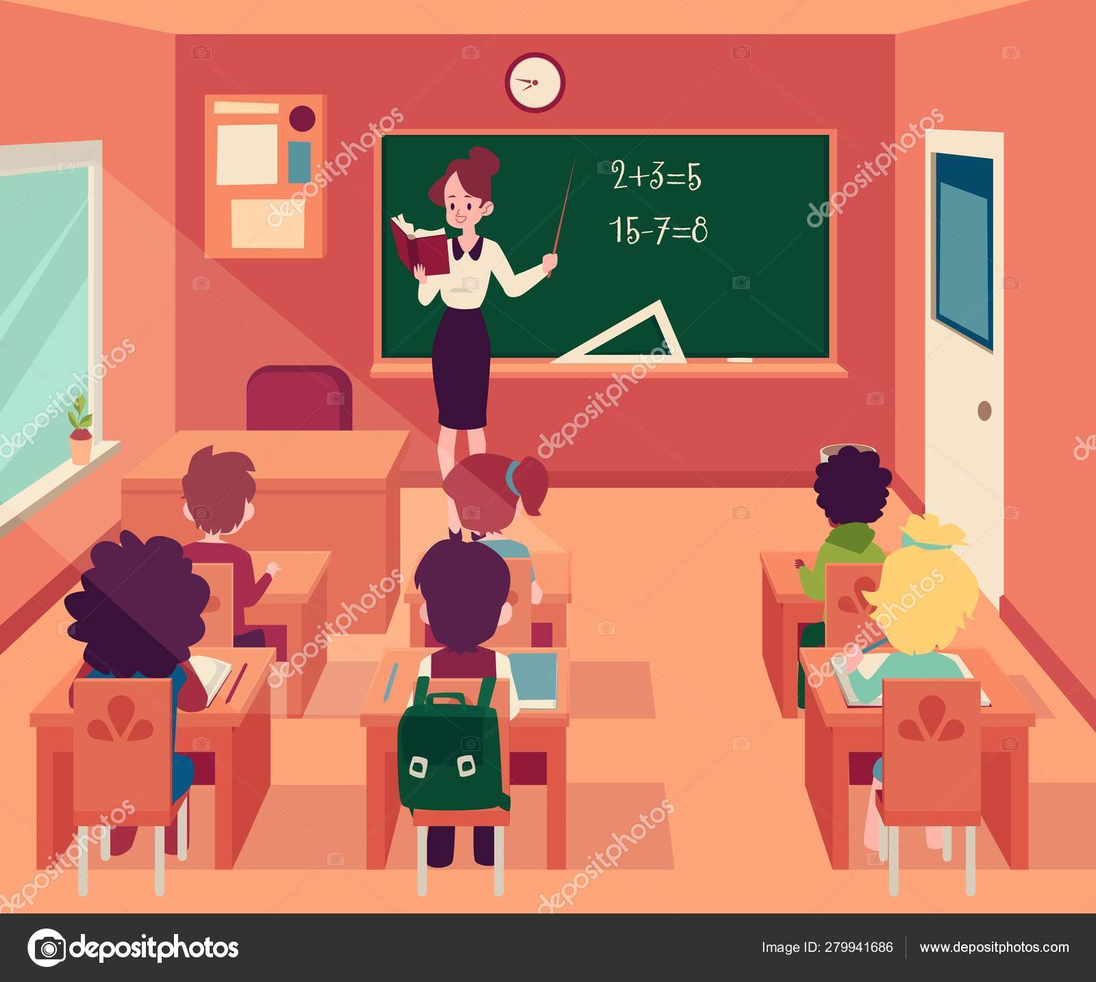 Woman stands at blackboard in classroom with children sit at desks cartoon  style Stock Vector Image by ©Sabelskaya #279941686