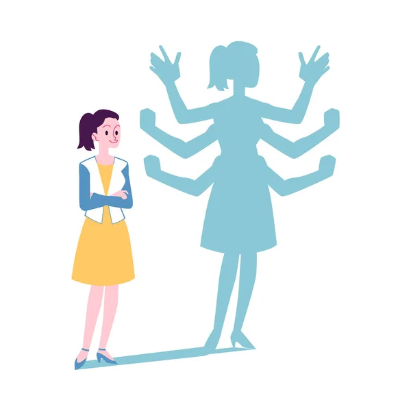 Femme motivée avec une illustration vectorielle plate à plusieurs bras isolée . — Image vectorielle