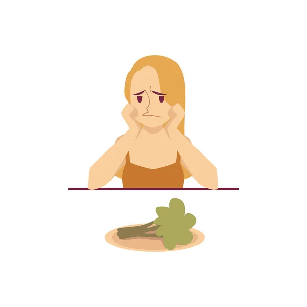 Bir diyet kadın arka planda izole bir brokoli düz vektör üzgün görünümlü. — Stok Vektör
