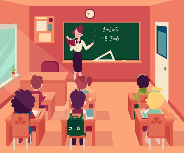 Kadın çocuklarla sınıfta tahtada duruyor masalarda karikatür tarzı oturup — Stok Vektör