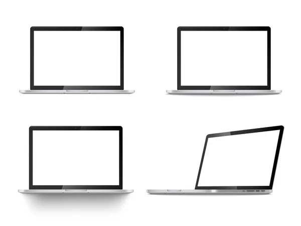 Conjunto realista de ordenadores portátiles vista frontal y vector de posición en ángulo aislado en blanco . — Vector de stock