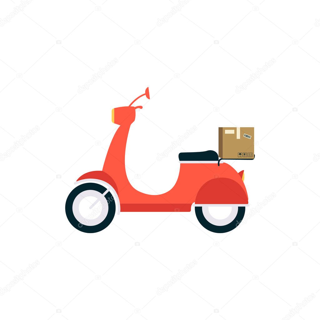A bright delivery scooter, a sign and a vehicle symbol with a cardboard box.