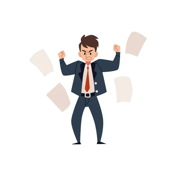 Angry employee man, businessman or boss in a suit clenches his fists in rage and scatters paper. — Stock Vector