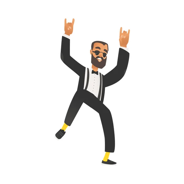 Happy dancing groomsman, man in suit with beard, tuxedo in flat cartoon style. — Stock Vector