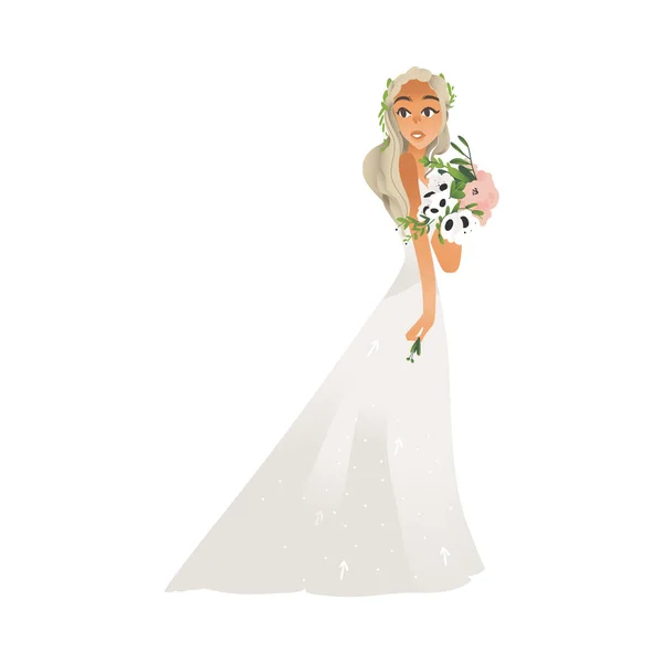 평면 만화 스타일의 흰색 웨딩 드레스에 아름다운 젊은 신부, 소녀와 여자. — 스톡 벡터