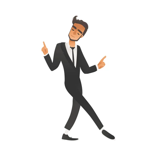 Feliz groomsman dança, homem de terno, smoking em estilo de desenho animado plano . — Vetor de Stock