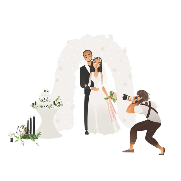 Fotografo maschio scattare foto di matrimonio coppia stand abbracciando stile cartone animato — Vettoriale Stock