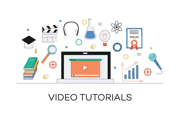 Video and internet marketing tutorials concept, media learning. — Stock Vector