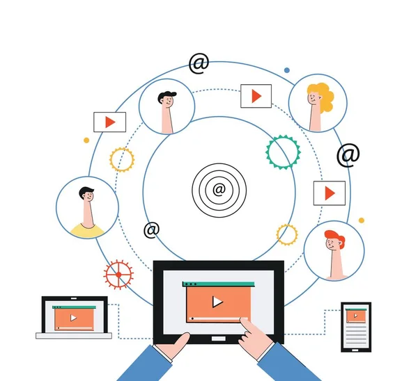 Koncepcja marketingu wideo i internetowego. Sieć społecznościowy osób z laptopem, tabletem i smartfonem. — Wektor stockowy