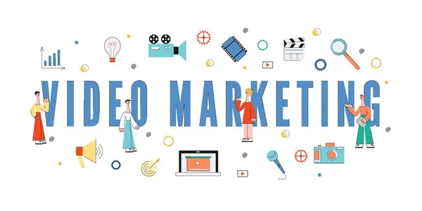 Video och Internet Marketing koncept med människor och text, laptop, kamera och andra medier webbelement. — Stock vektor