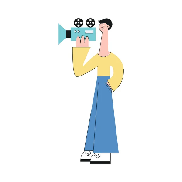 Брюнетка чоловік робить відео або фільм з камерою, Векторні плоскі ілюстрації . — стоковий вектор