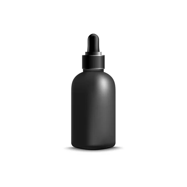 Schwarze Flasche flüssiges Gesichtsserum mit Gummi-Tropfverschluss, realistisches Blanko-Mockup für kosmetisches Branding — Stockvektor
