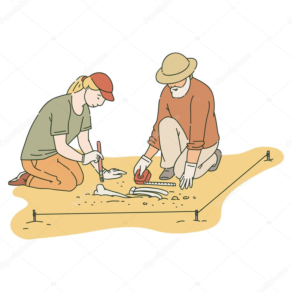 Male and female archaeologists working on site with special tools sketch style