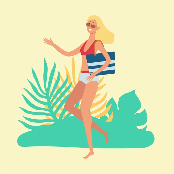Attractive blonde woman goes to the beach, runs or dances in a bikin with a bag and sunglasses. — Stock Vector