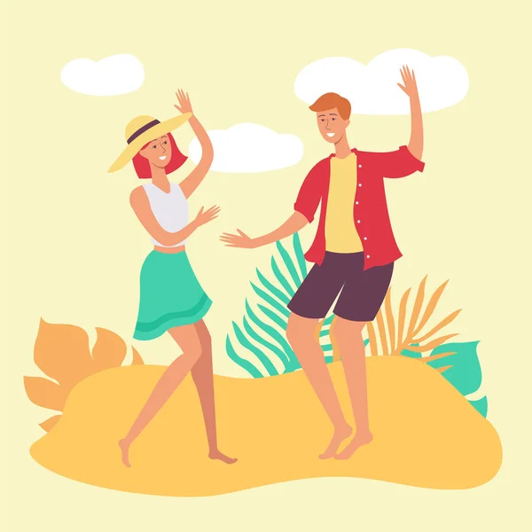 Joven pareja caucásica de hombres y mujeres bailando juntos en una playa tropical . — Vector de stock