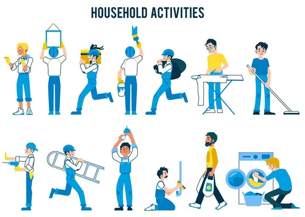Set of household activities, in flat cartoon style. — Stock Vector