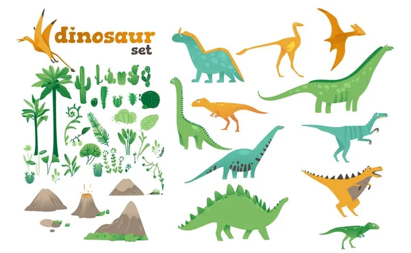 Dinozorlar, antik bitkiler, Jura döneminin volkanları kümesi. — Stok Vektör