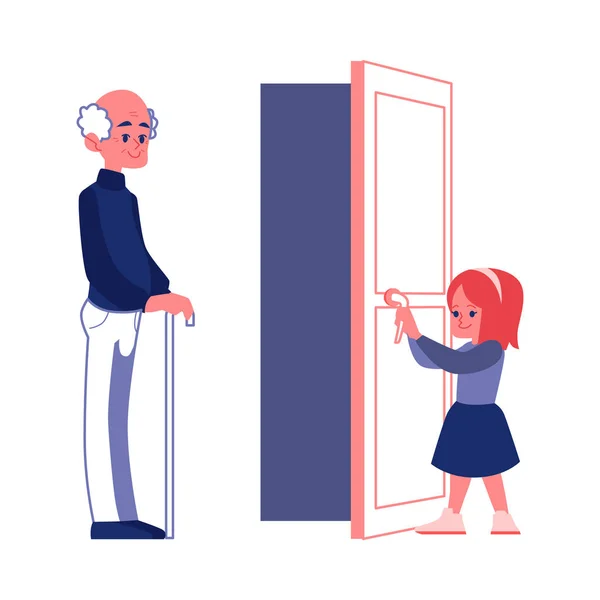 Grzeczna dziewczyna otwarcie drzwi do starszego mężczyzny płaskiego wektora ilustracja na białym tle. — Wektor stockowy