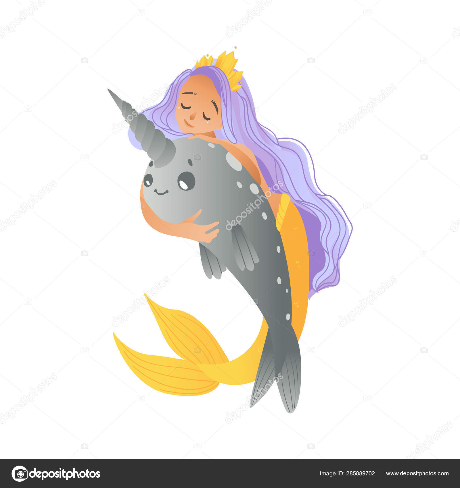 A Young Mermaid A Girl With Purple Hair A Crown Sits Astride A