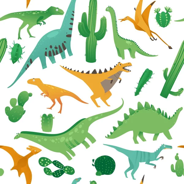 Modèle sans couture avec des dinosaures de dessin animé mignons dans le style plat . — Image vectorielle