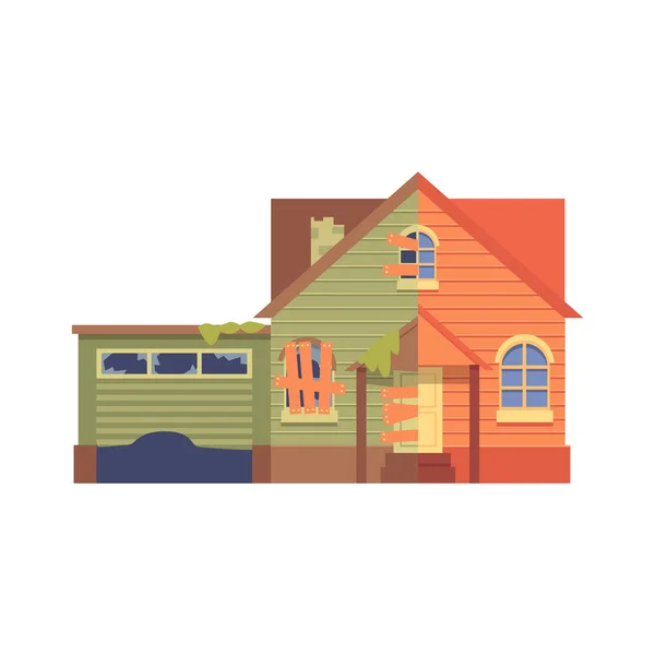 Home renovation with a garage flat cartoon style, before and after. — Stock Vector