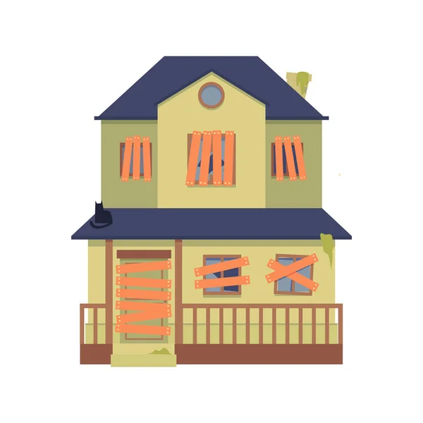 Vector old abandoned green two-storey house with boarded up windows, a door in flat cartoon style. — Stock Vector