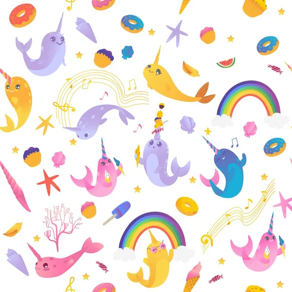 Seamless pattern of cute cartoon narwhals with rainbow, ice creams, sweets and seashell. — Stock Vector