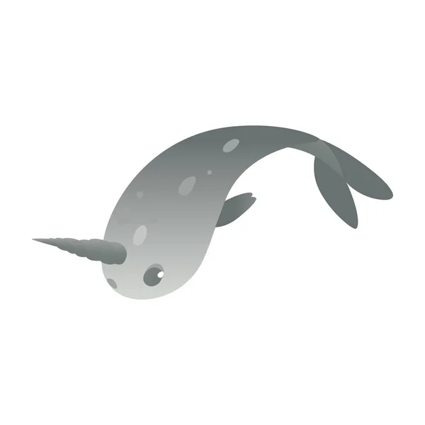 Cute cartoon gray narwhal is swimming. — Stock Vector
