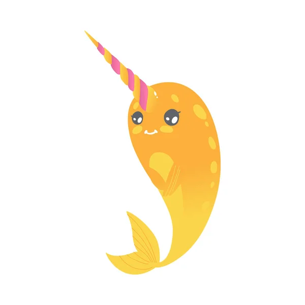 Kartun lucu kuning narwhal dengan tanduk merah muda, pemalu dan sederhana unicorn laut dengan gradien . - Stok Vektor