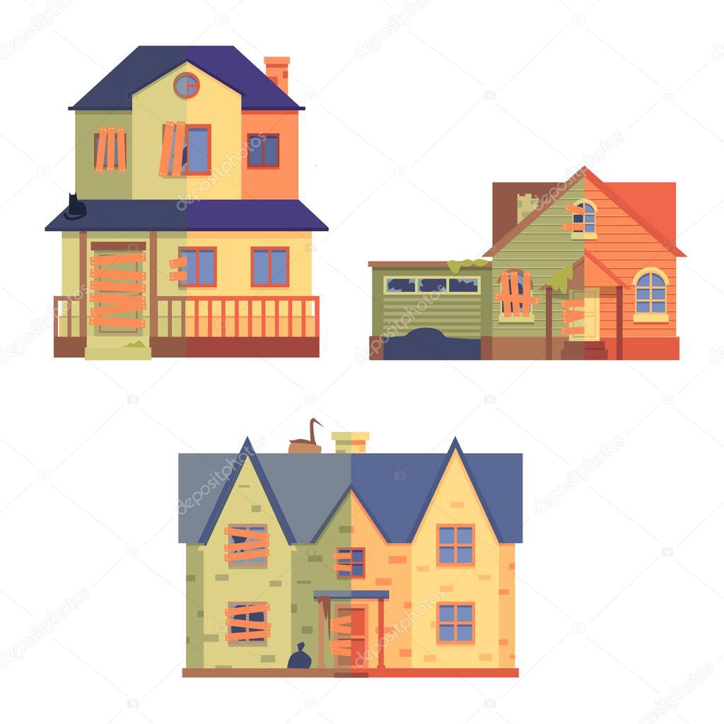 Vector set of home renovation in flat cartoon style, before and after.