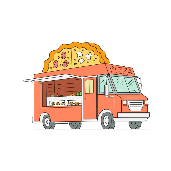 Street fast food truck with pizza, pizzeria. — Stock Vector