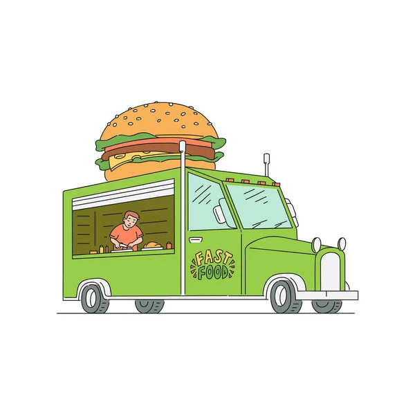 Уличный фургон с гамбургером и рабочим внутри . — стоковый вектор